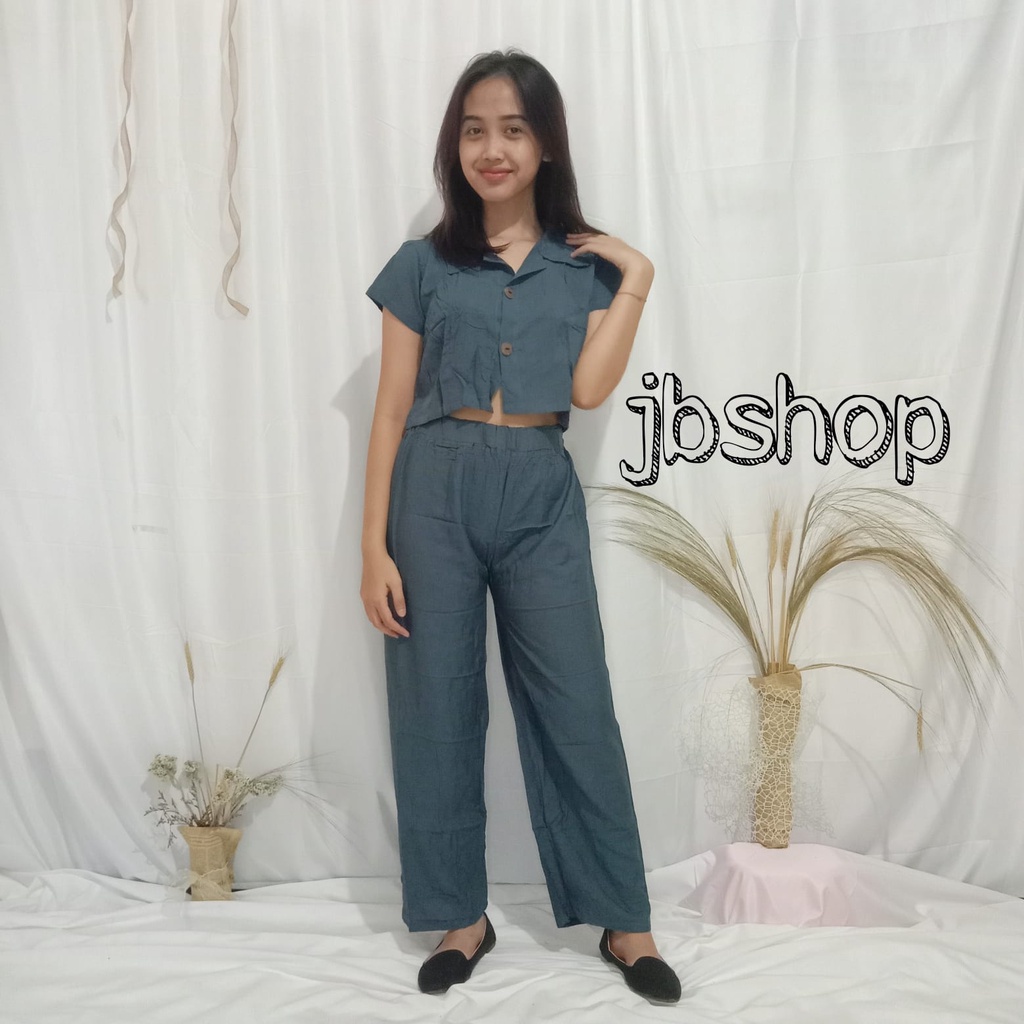 Setelan crop kancing celana panjang premium rayon bali