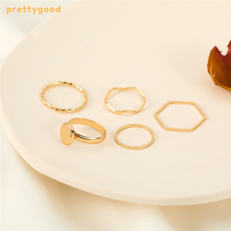 Prettygood5Pcs / Set Fashion Cincin Tidak Beraturan Logam Gelombang Sederhana Yang Dipersonalisasi -PD