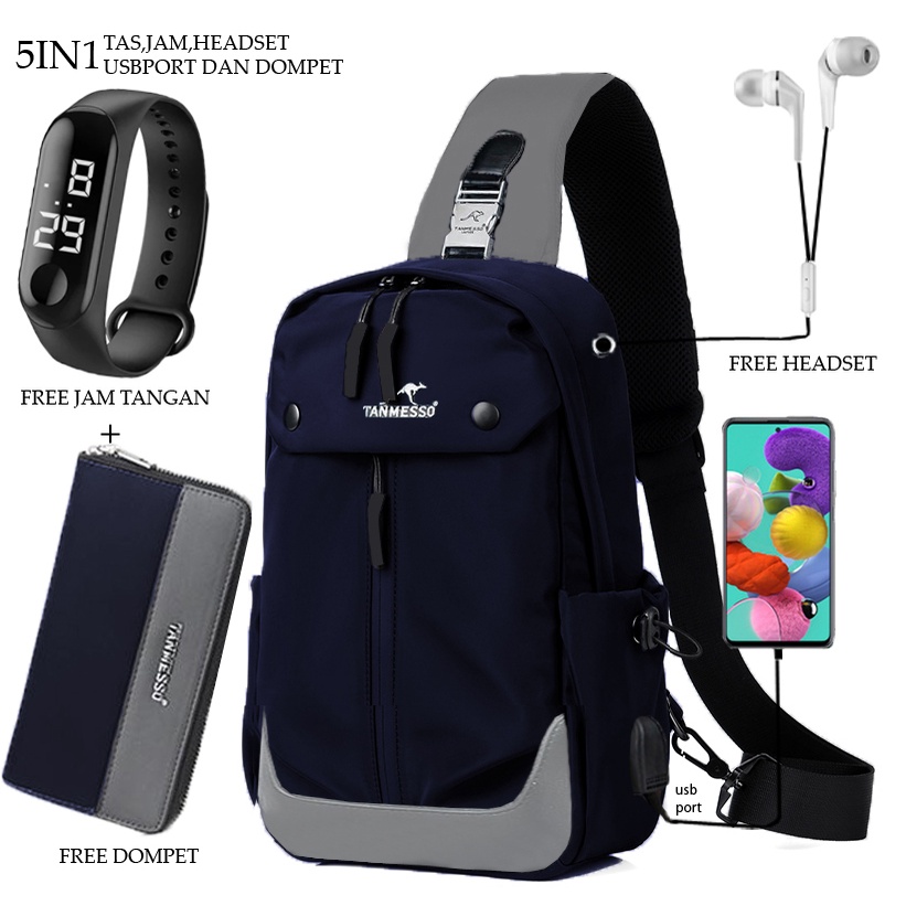 TANMESSO 5IN1 BAYAR DITEMPAT-BONUS JAM LED,DOMPET &amp; USBPORT&amp;HEADSET-tas selempang waterproof