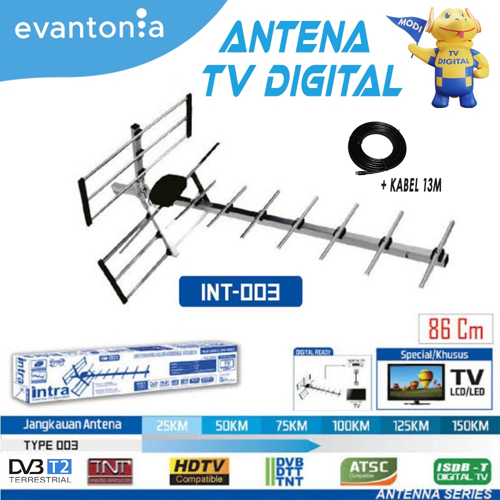 Antena TV Digital DVB-T2 Intra 003 Bahan Aluminium Kabel 13M