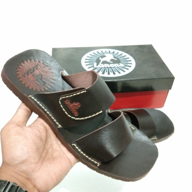 Sandal pria slop kulit lancas casual cokelat