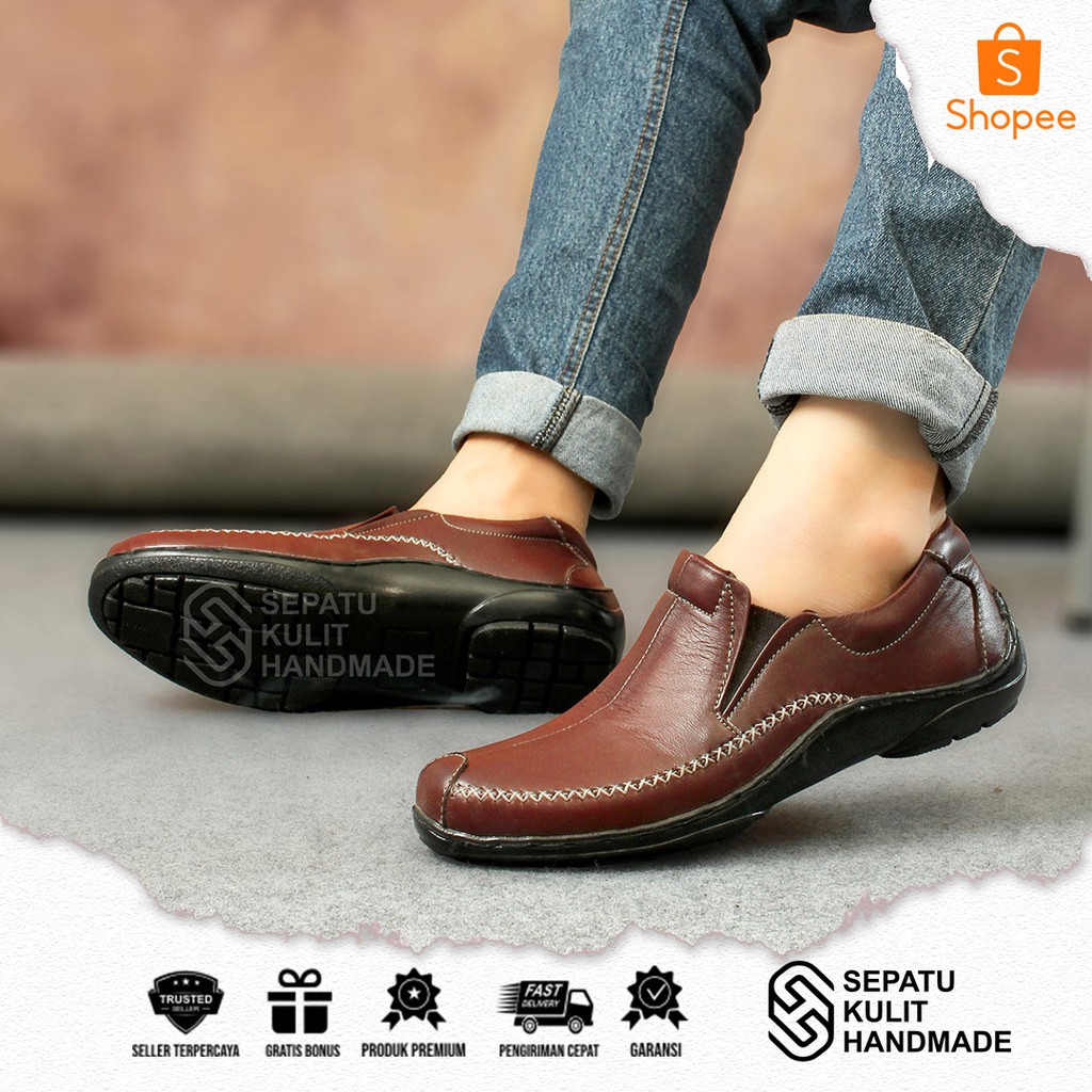 SEPATU KULIT PRIA COKELAT GNDL - PANTOFEL KULIT PRIA SEPATU FORMAL PRIA TANPA TALI SEPATU UNDANGAN S
