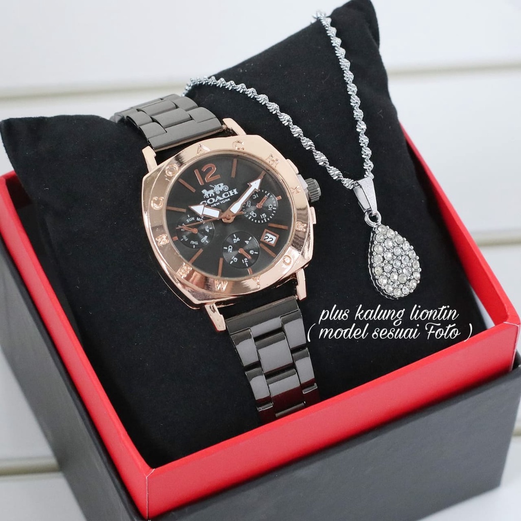 Jam Tangan Wanita Fashion Coach S41053L Tali Rantai Tanggal Aktif Chrono Variasi Free Box Kalung &amp; Baterai