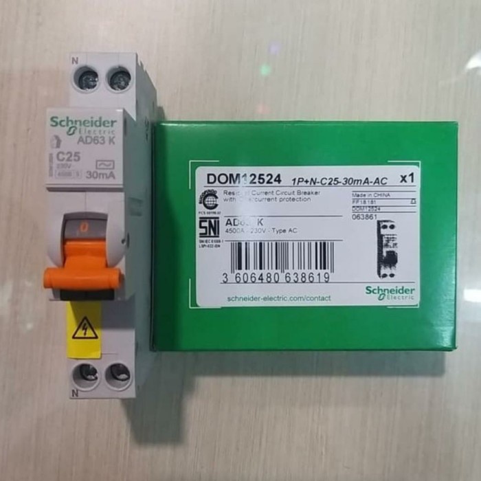 SCHNEIDER RCCB/ELCB 2P 25A 30MA (DOM16790) UQ722, PERLENGKAPAN LISTRIK