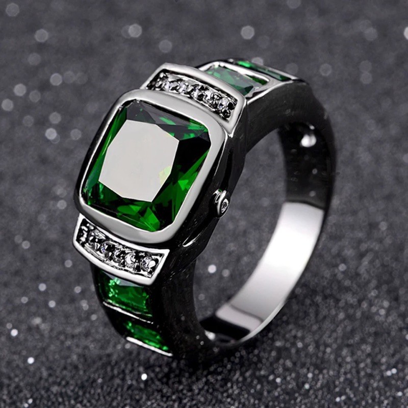 Cincin Emerald Zamrud Stone Elegan Mewah Minimalis Modern Black Platted Hijau Jamrud