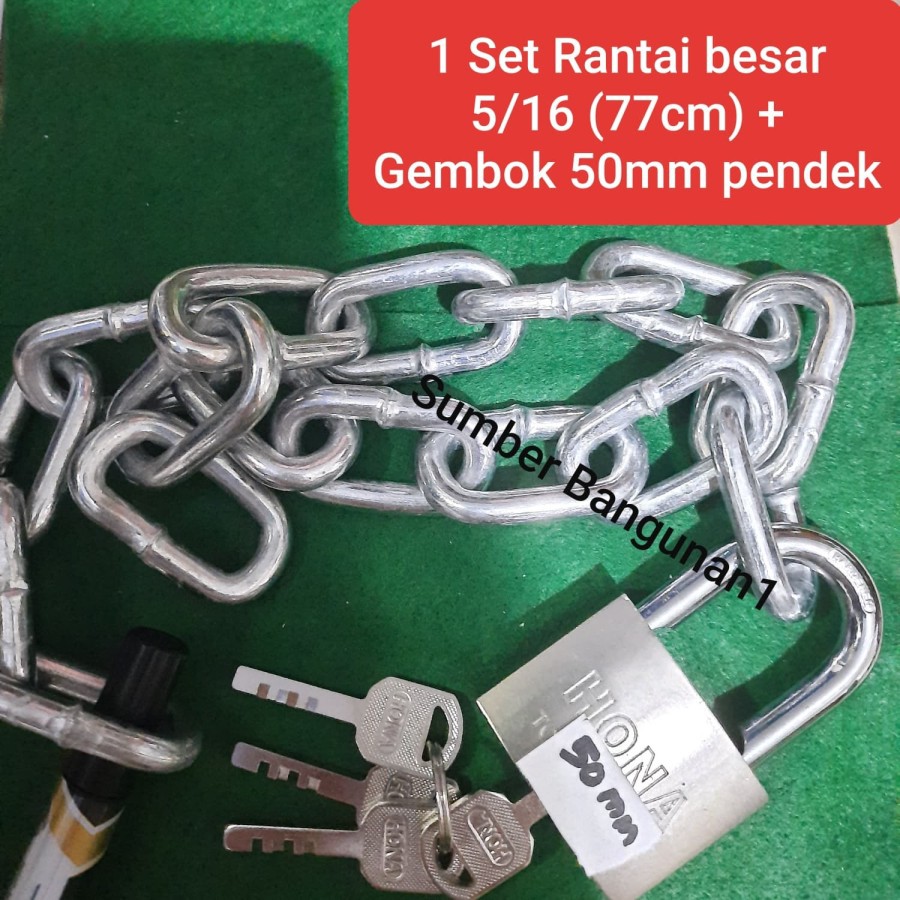 Gembok rumah rantai pagar besar 1 set 77cm gembok 50mm