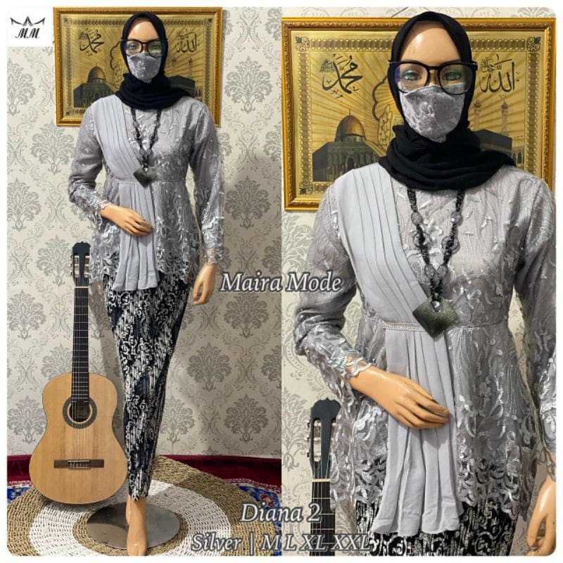 Setelan Blouse Amalia Selendang modern-Kebaya Modern-Aurora Selendang-Kebaya Kekinian-Kebaya Wisuda-Kebaya Lamaran-Kebaya Pesta-Kebaya Selendang Ceruty-Free Masker-Silver