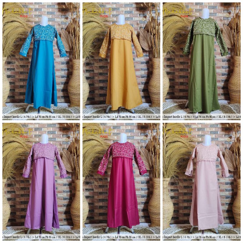 MAHABBAT KIDS GAMIS DRESS MUSLIMAH ANAK CEWEK 5-10 TAHUN MURAH POLOS KOMBINASI BORDIR/BORDIL BIRU LA