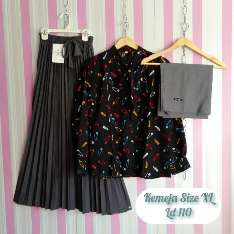 REALPICK LD 110CM,SETELAN KEMEJA KATUN ORIGINAL MOTIF LEOPART+ROK PLISKIT PREMIUM+HIJAB SAUDI