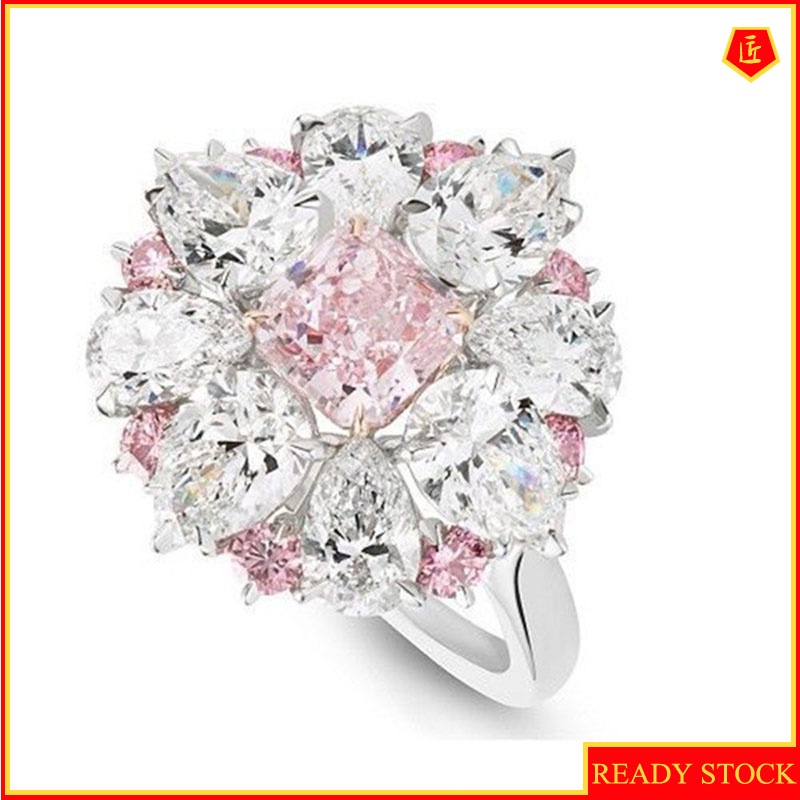 [Ready Stock]Pink Crystal Square Diamond Ring Sweet and Elegant