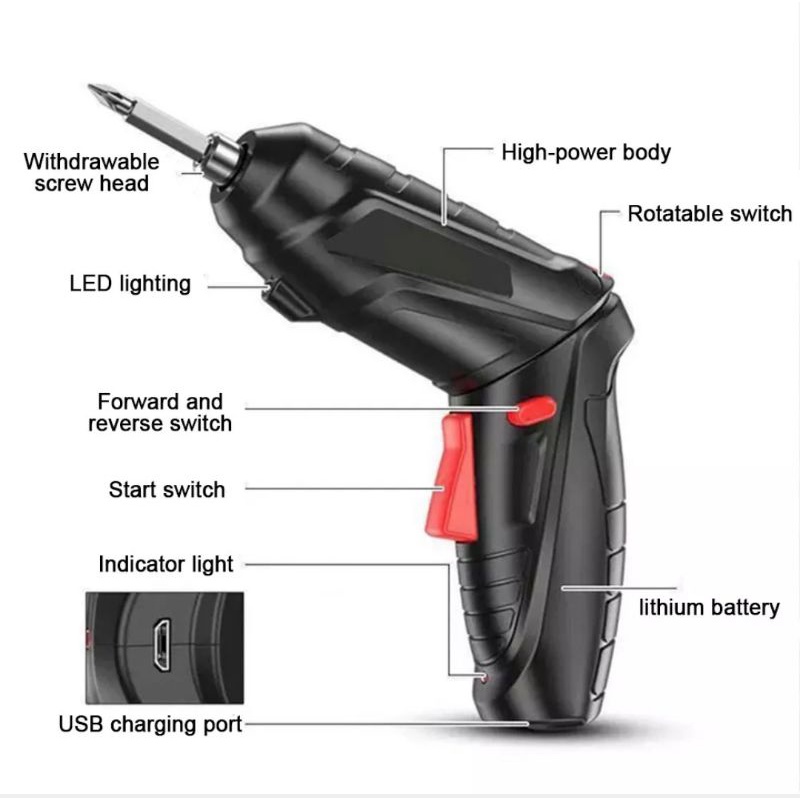 Mini obeng bor baterai elektrik bisa dilipat mode lurus dan gun portabel cordless tanpa kabel