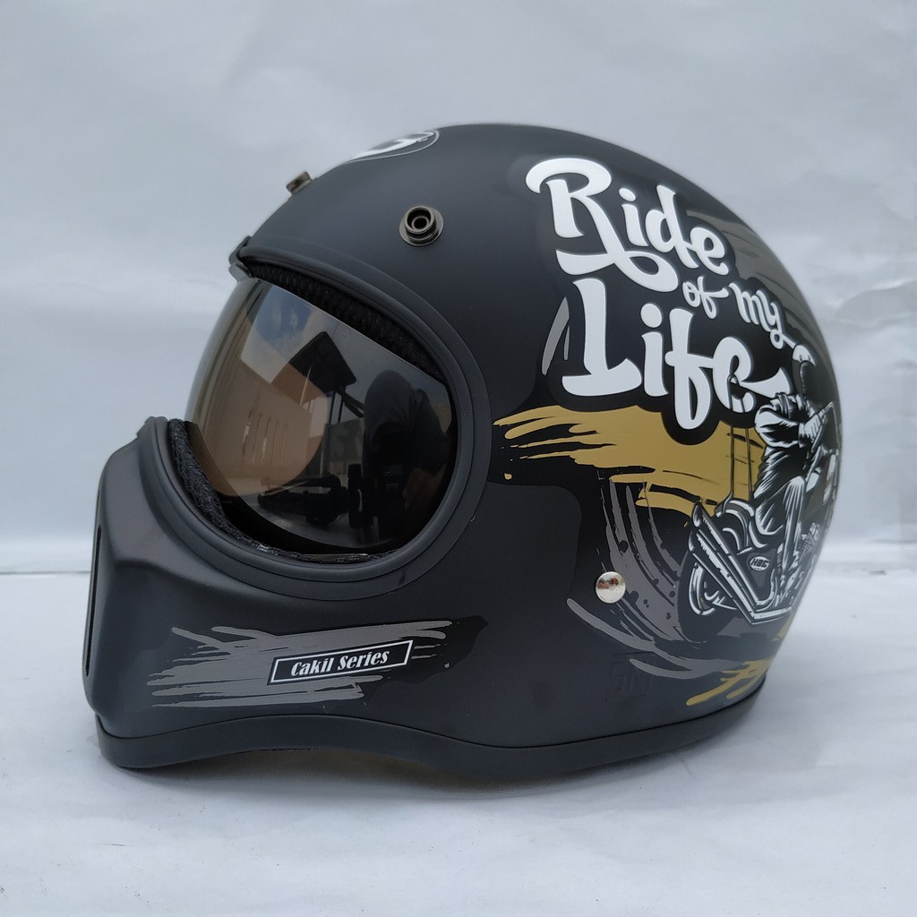 Helm Cakil HBC Ride Of life Black + Inner Visor ( Fullface / Retro / Klasik / Vespa )