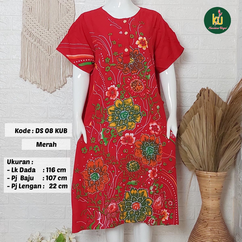 Bisa COD DS08 KUB | Daster Batik Kencana Ungu Asli Label Biru | Baju Santai Tidur Wanita Dewasa Kancing Depan Busui Friendly Motif Terbaru-Merah A