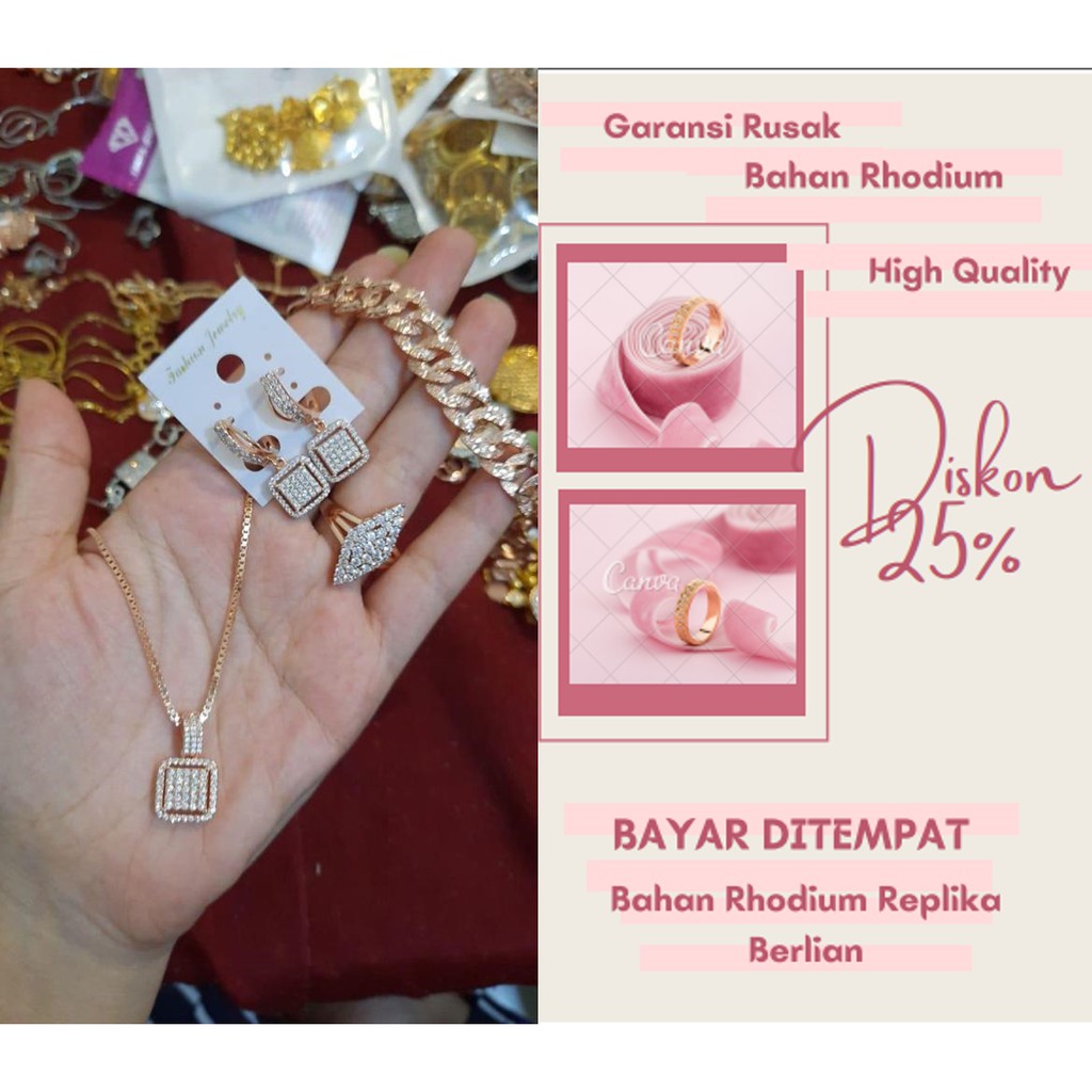 Perhiasan Wanita Set Aksesoris Replika Berlian Warna Gold Kalung Gelang Cincin Anting