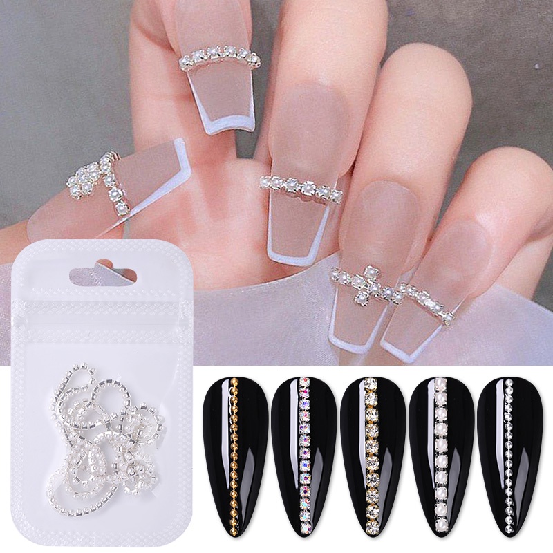 Rantai Manik-Manik Mutiara Berlian Imitasi 3D Bahan Metal Steel Warna Emas Silver Untuk Dekorasi Nail Art