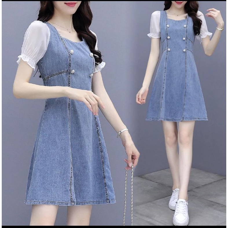 DRESS JEANS WANITA KOMBINASI SIFON