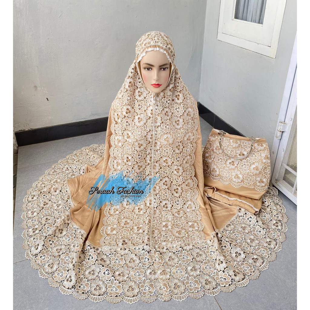 MUKENA MAWAR RENDA PRADA BAHAN SUPERSILK PREMIUM KOMBINASI RENDA PRADA