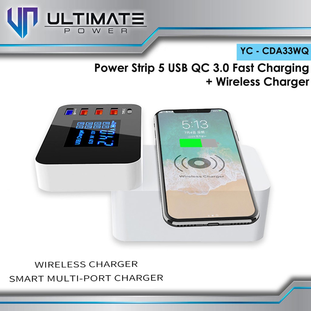 Ultimate YC-CDA33WQ Power Strip 5 USB &amp; Wireless Charger QC3.0 LED