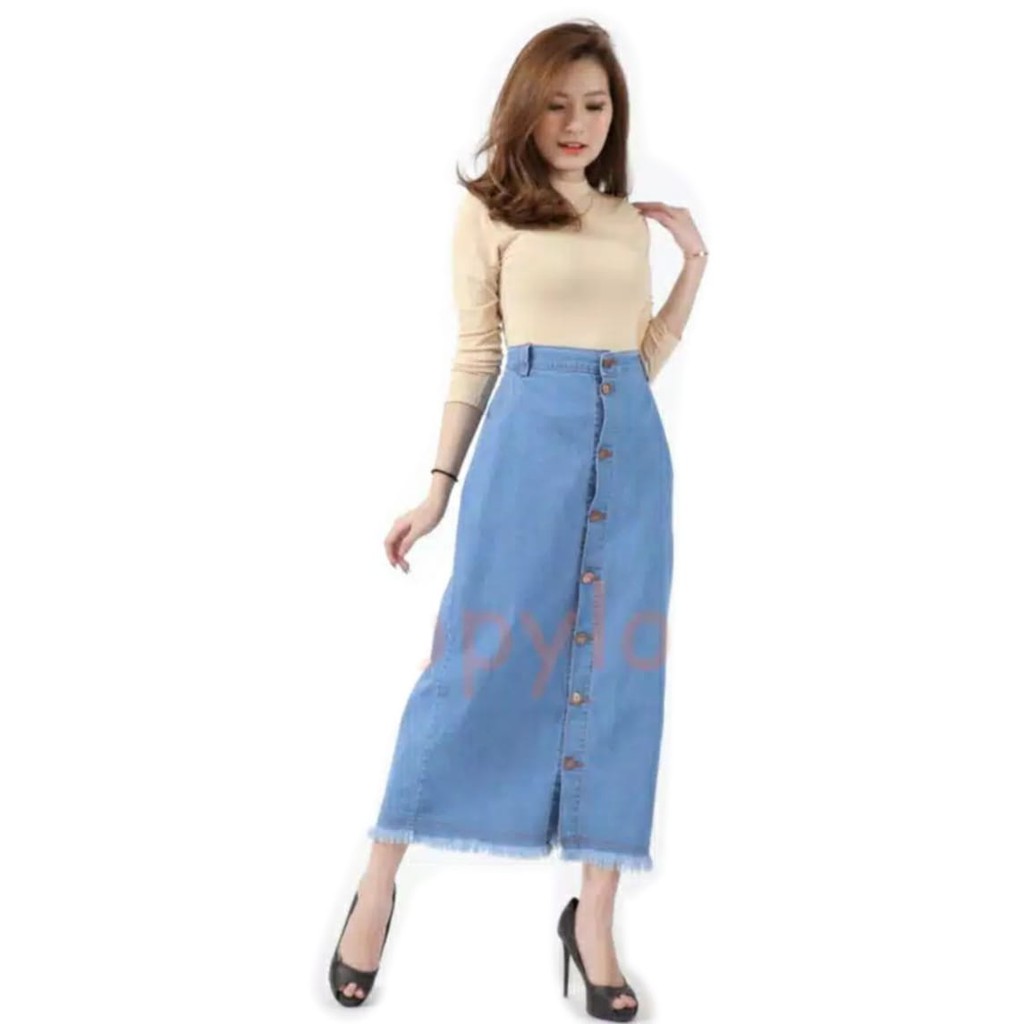 Rok Span Jeans Panjang Maxi Skirt Button Up Sabiyana Rok Full Kancing Rawis Rumbai Rok Levis