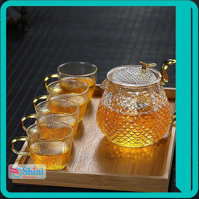Set Teko Ceret Pitcher Kaca + Gelas Teh Chinese Tahan Panas 600ml with 4 Glass