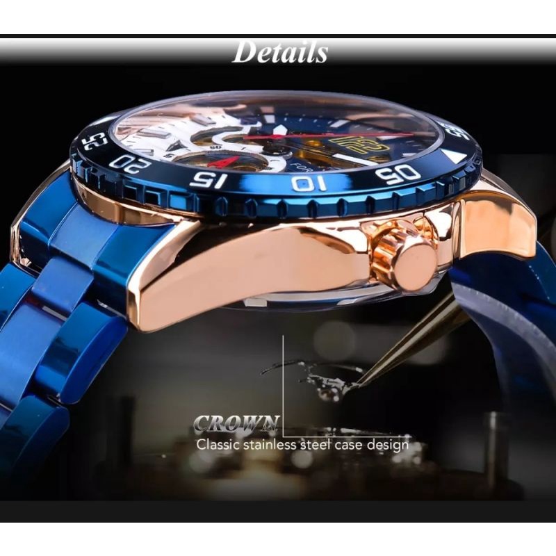 Jam Tangan Pria Original Automatic Forsining Sporty Luxury Skeleton Bisnis Blue