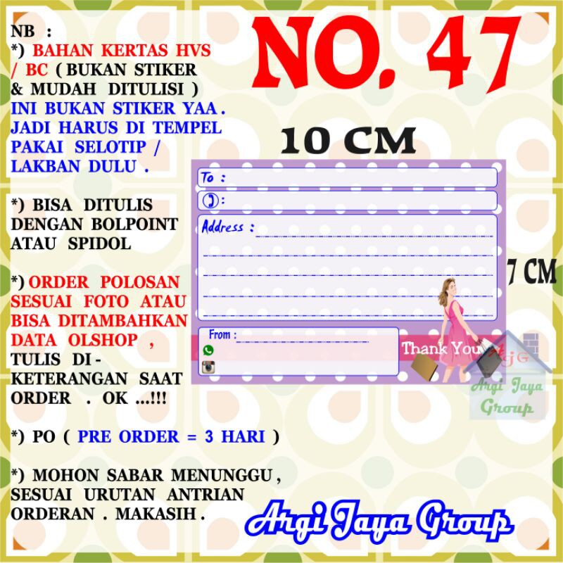 

Label Pengiriman Alamat Olshop Murah Nomer 47 - 10x7cm - Kertas BC (Manila)