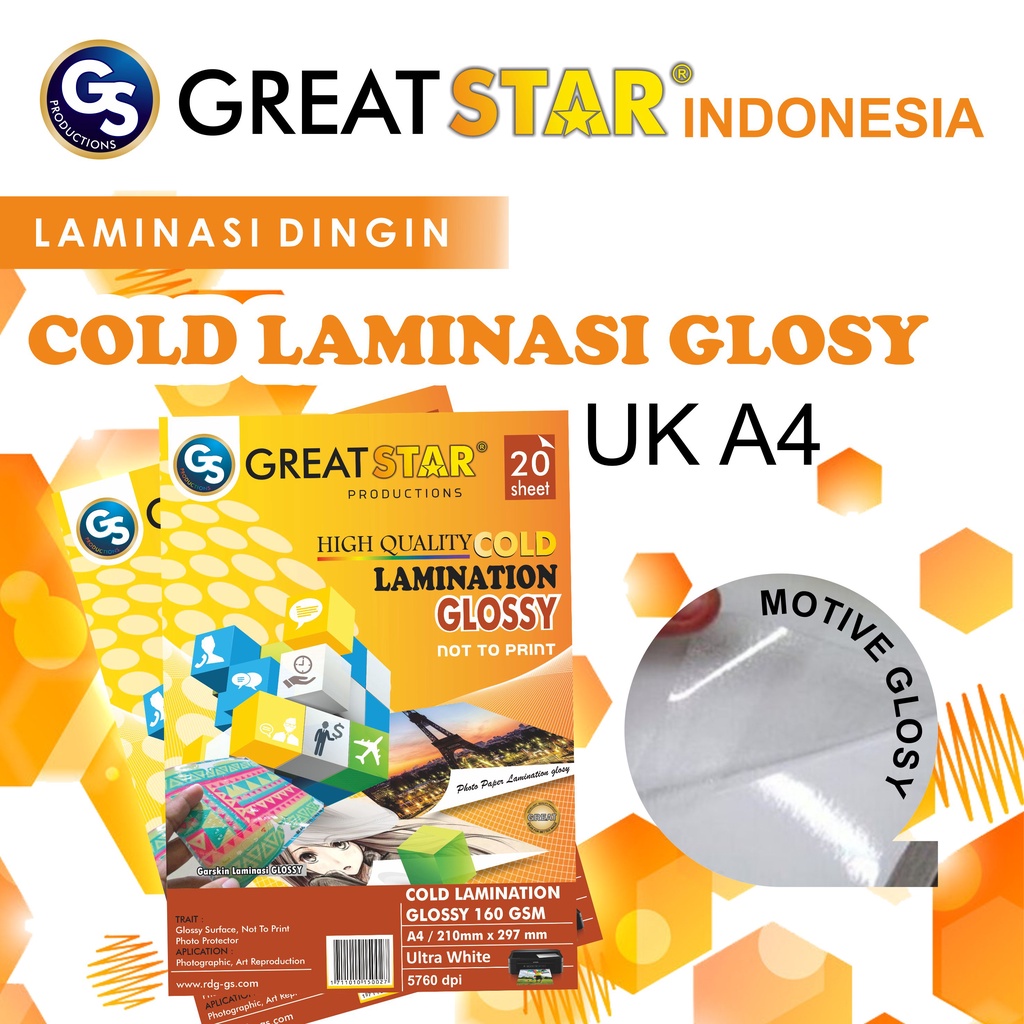 

Rad LAMINASI DINGIN GLOSY 160 GSM A4/20 Lembar GREAT STAR