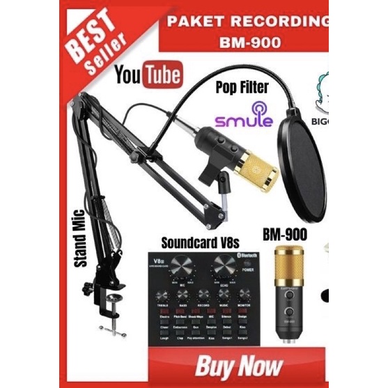 Paket Recording Lengkap BM900 + Soundcard V8, Rekaman / Live Streaming