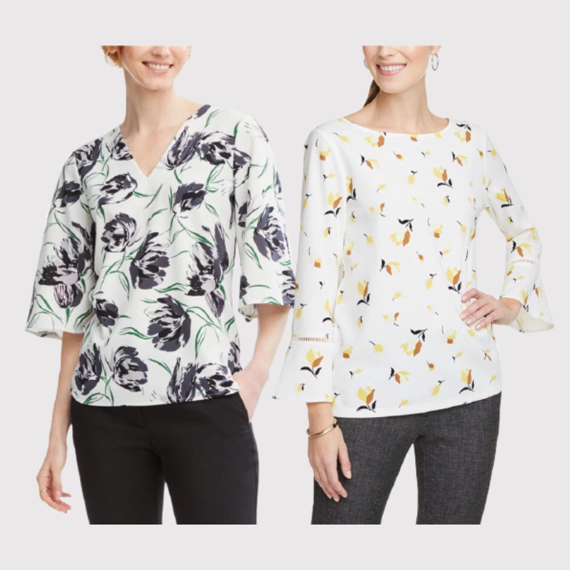 LOFT Blouse Wanita Vneck Gray Floral Bellsleeve Yellowfloral