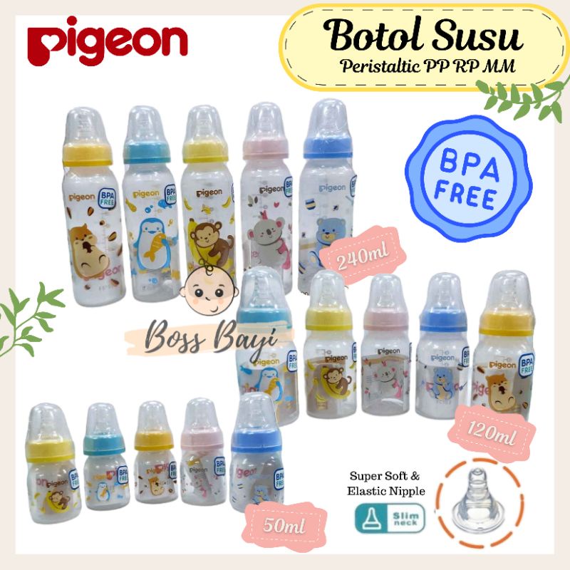 PIGEON - Botol Susu Dot PP RP Standart MM Slim Neck w/ S Type Peristaltic Nipple 50ml/120ml/240ml