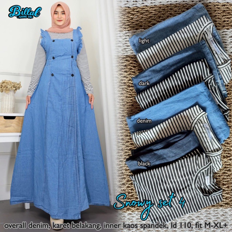 Snowy Set Setelan Kaos Garis & Overall Dress Denim