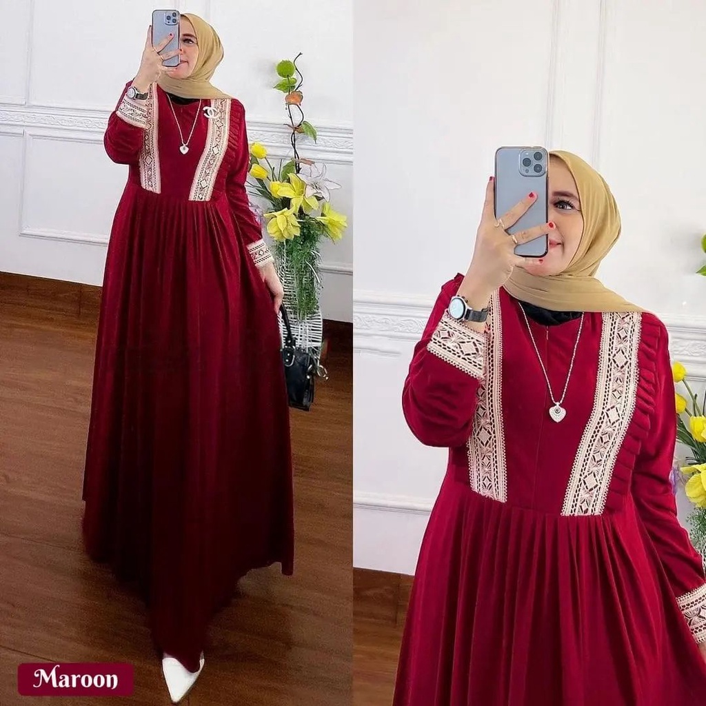 GAMIS WANITA TERBARU RAYANZA DRESS BL BAHAN CERUTY BABY DOLL MIX RENDA LD 108 CM PB 137 CM GAMIS CERUTY BABYDOLL PREMIUM GAMIS WANITA TERBARU 2023 LEBARAN WANITA MAXI DRESS JUMBO