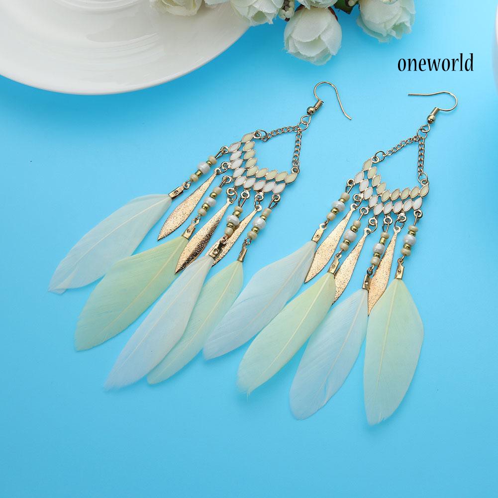 OW@ Vintage Long Dangle Feather Boho Hook Earrings Women Charming Jewelry Gift