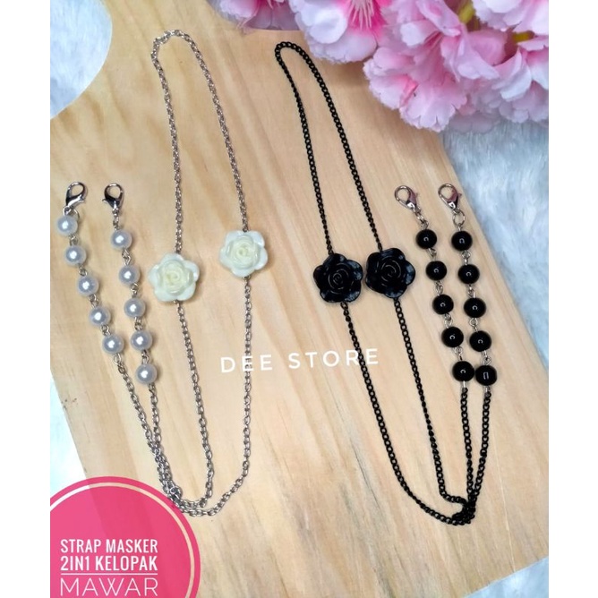 STRAP MASKER RANTAI 2IN1 HIJAB BUNGA MAWAR - KALUNG TALI RANTAI MASKER 2IN1 HIJAB MUTIARA