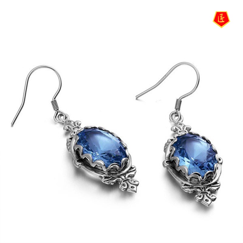 [Ready Stock]S925 Silver Inlaid Topaz Aquamarine Earrings Retro Women's