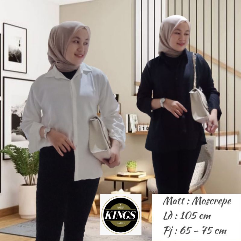 Kemeja Wanita Basic Polos Putih Hitam Atasan Blouse Casual Lengan Panjang Hem Kerja Kantor Formal Bahan Moscrepe-5