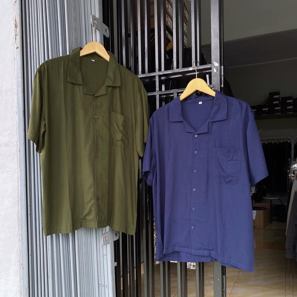 Paket 2 PCS Kemeja Vintage Hawai Pantai Katun Lengan Pendek Polos Pria Casual
