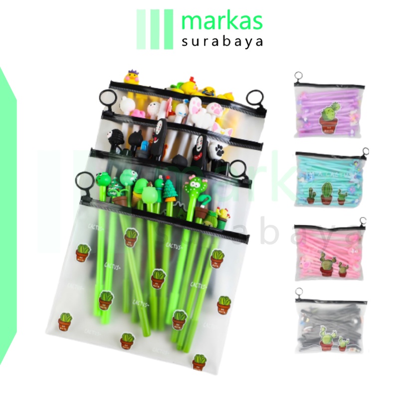 MARKAS HL0078 Pena Karakter Set Pouch Isi 20 Pcs Tempat Pensil Transparan Zipper Bag