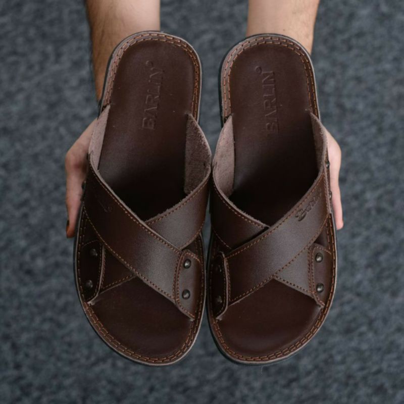 BRLN 003 Brown Sandal Pria Full Kulit Asli Original Sendal Santai Anti Slip Klasik