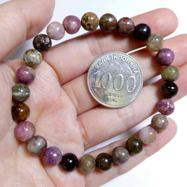 C196. 73,7Cts Gelang Batu TOURMALINE Hijau Pink Merah. NATURAL Bracelet Green Red Watermelon Crystal