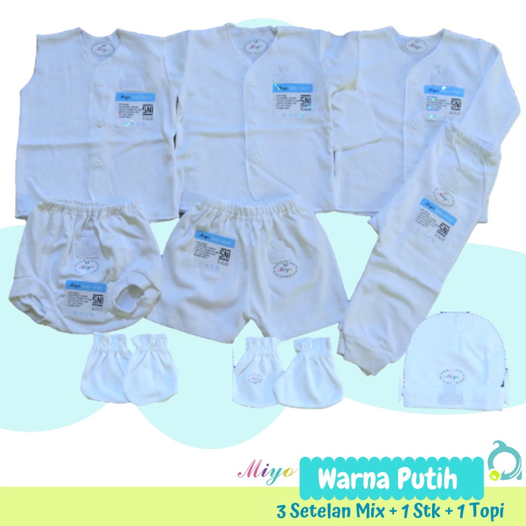 MIYO 3 Stelan Mix (Panjang + Pendek + Kuntung) Putih Size Newborn | 3-6 Bulan (1 Paket)