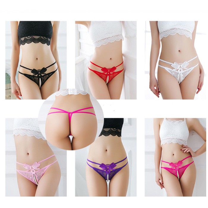 G String Low Waist Celana Dalam mutiara open Thong Bordir Kupu-Kupu C092