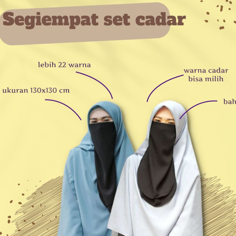 Hijab Jilbab Kerudung Segiempat Polos Ukuran 130x130 cm Gratis Set Cadar Tali Dua Layer Bahan Diamond Crepe