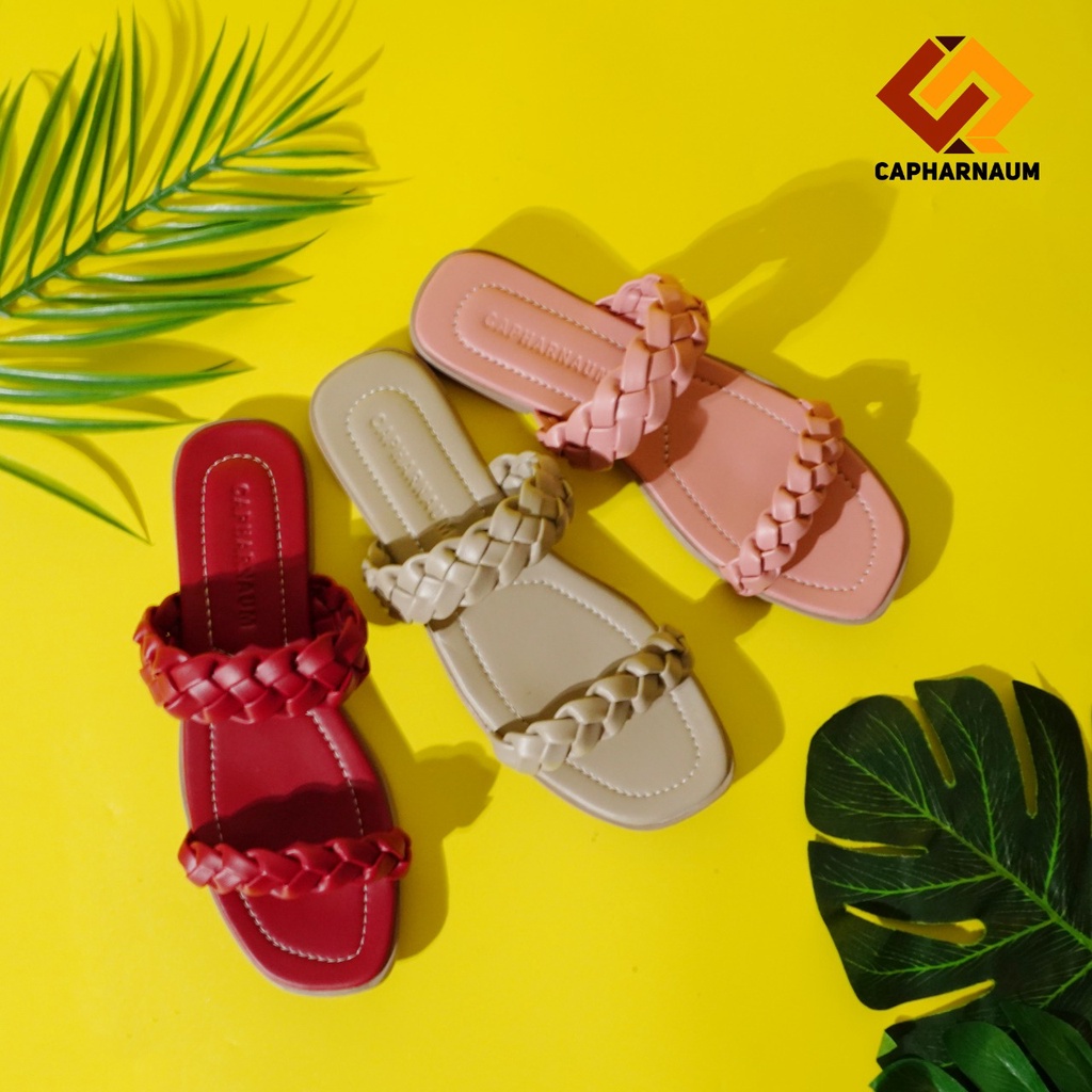 CAPHARNAUM [KPG 201] Sandal Flat Wanita Kepang Ban 2 Premium/ Sandal Cewek Selop Ban 2