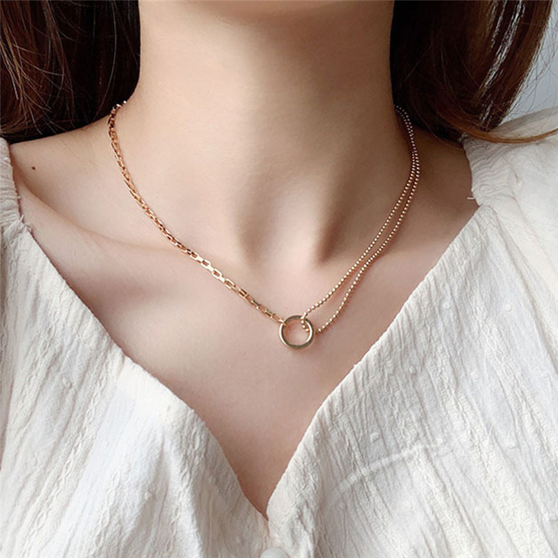 Kalung Choker Rantai Ganda Dengan Liontin Cincin Untuk Wanita