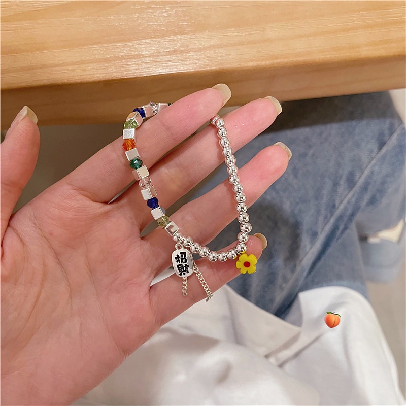 Gelang Tangan Alloy Aksen Manik-Manik Bunga Warna-Warni Untuk Wanita