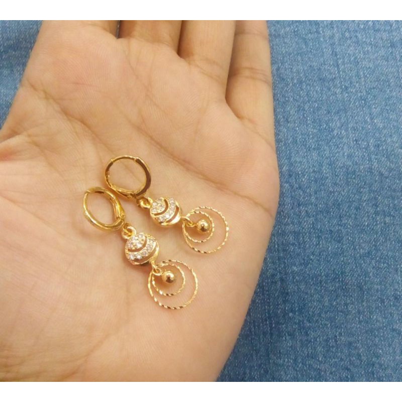 anting gantung rumbai bulat keroncong permata cantik perhiasan wanita titanium gold 18k