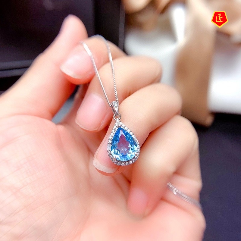 [Ready Stock]Natural Blue Topaz Necklace Set Rings Ear Studies