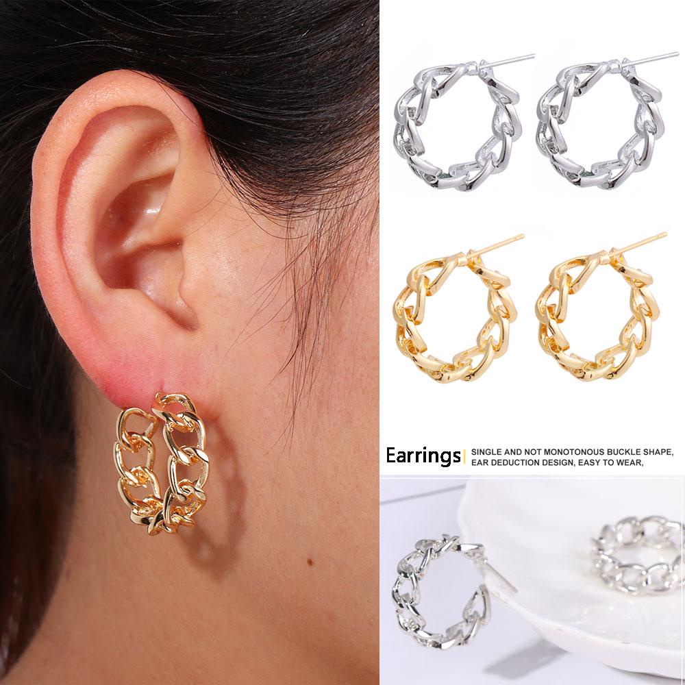 Solighter Anting Hoop Perhiasan Pesta Minimalis Rantai Berongga Logam