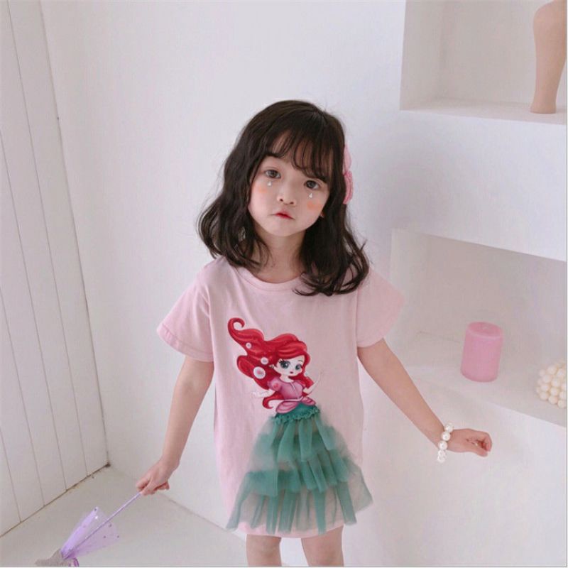 Baby dress import baju terusan gaun anak bayi perempuan impor disney princess elsa frozen snow white ariel mermaid kids girl kid toddler balita batita pakaian kaos tutu tile tulle hadiah kado gift ultah doll pink white putih blue biru shirt